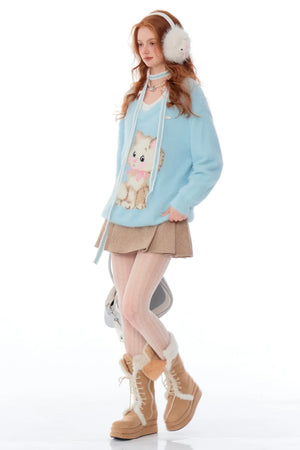 Retro Cat Plush V-Neck Sweater