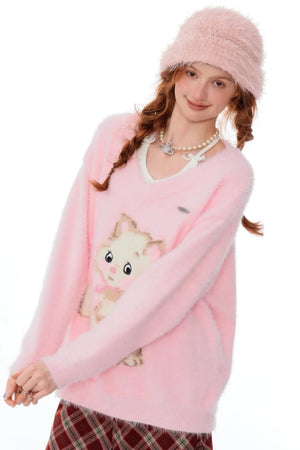 Retro Cat Plush V-Neck Sweater