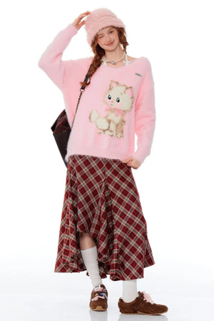 Retro Cat Plush V-Neck Sweater