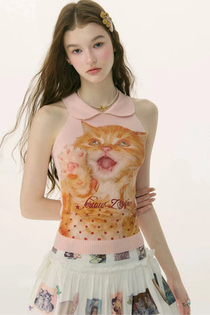 Retro Cat Print Knitted Vest