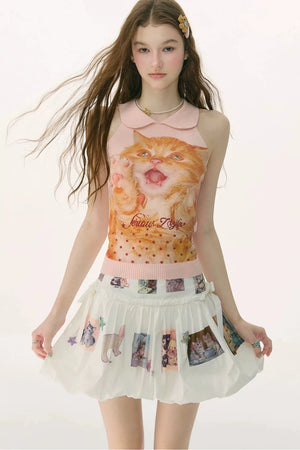 Retro Cat Print Knitted Vest