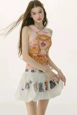 Retro Cat Print Knitted Vest