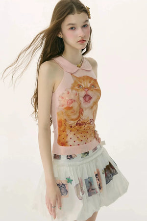 Retro Cat Print Knitted Vest