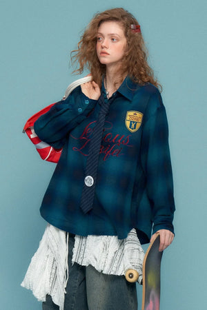Retro Check Embroidery Long Sleeve Shirt