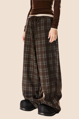 Retro Check Wide-Leg Drawstring Pants