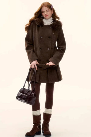 Retro Coffee Woolen Coat Set-Up