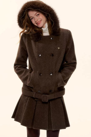 Retro Coffee Woolen Coat Set-Up