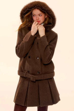 Retro Coffee Woolen Coat Skirt Set-Up