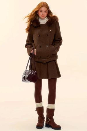 Retro Coffee Woolen Coat Skirt Set-Up