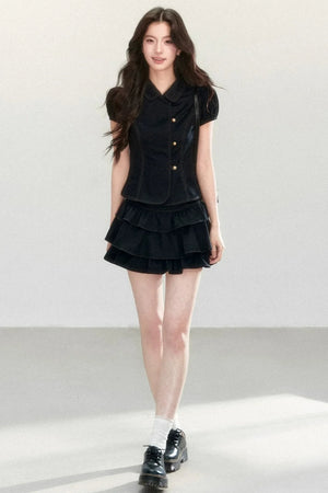 Retro Collar Blouse & Cake Skirt Set-Up