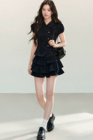 Retro Collar Blouse & Cake Skirt Set-Up