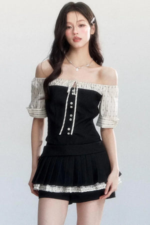Retro Color-Block Off-Shoulder Top Set-Up