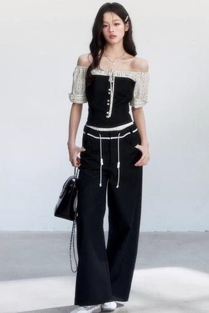 Retro Color-Block Off-Shoulder Top Set-Up