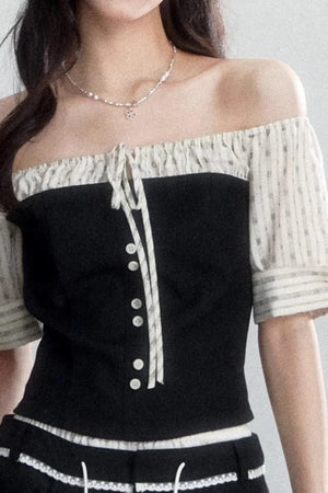 Retro Color-Block Off-Shoulder Top Set-Up