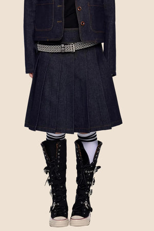 Retro Denim Pleated Skirt Suit Set-Up