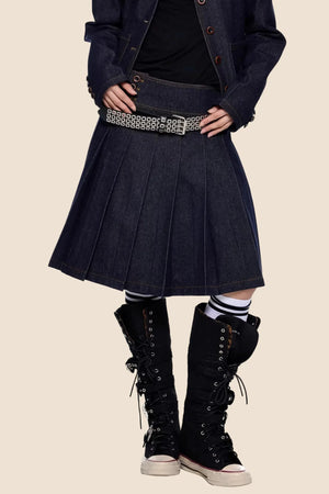 Retro Denim Pleated Skirt Suit Set-Up