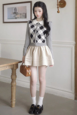 Retro Diamond Knit Cardigan Set-Up