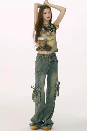 Retro Distressed Cat Print T-Shirt