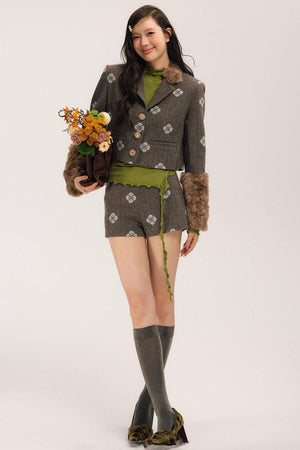 Retro Embroidery Tweed Fur Shorts Set-Up