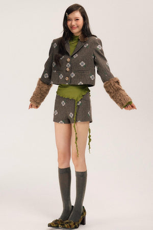 Retro Embroidery Tweed Fur Shorts Set-Up