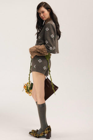 Retro Embroidery Tweed Fur Shorts Set-Up