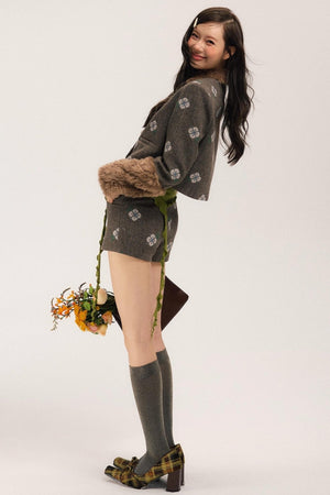 Retro Embroidery Tweed Fur Shorts Set-Up