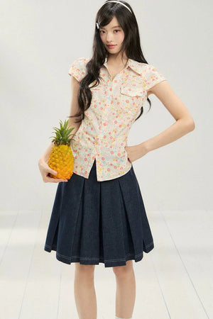 Retro Floral Collar Top and Skirt Set