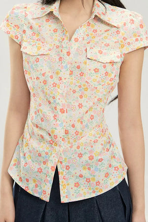Retro Floral Collar Top and Skirt Set