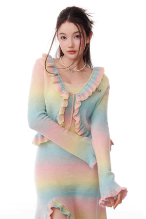 Retro Gradient Ruffles Bell Sleeve Cardigan