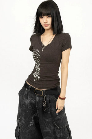 Retro Graffiti V-Neck Top