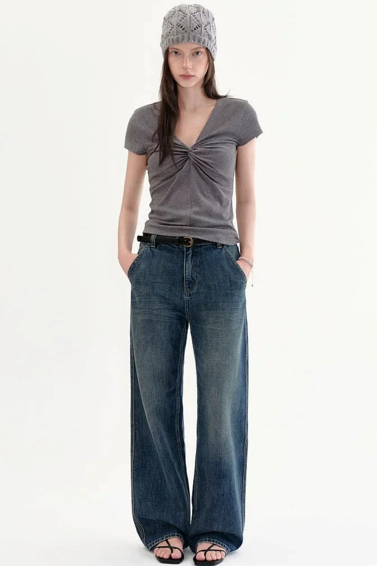 Retro High-Waisted Washed Wide-Leg Jeans