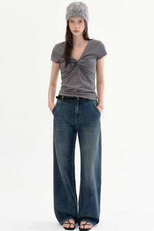 Retro High-Waisted Washed Wide-Leg Jeans