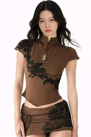 Retro Lace Appliqué Blouse Set-Up