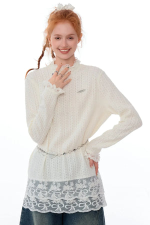 Retro Lace Turtleneck Knit Top