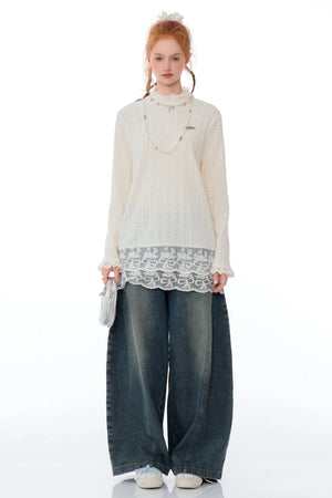 Retro Lace Turtleneck Knit Top