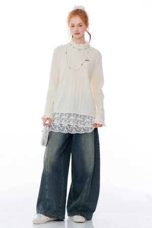 Retro Lace Turtleneck Knit Top