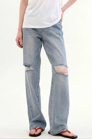 Retro Light Blue Ripped Straight Jeans
