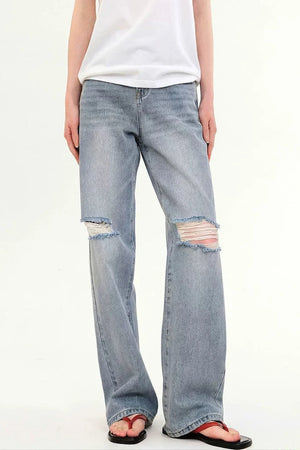 Retro Light Blue Ripped Straight Jeans