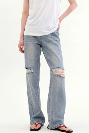 Retro Light Blue Ripped Straight Jeans