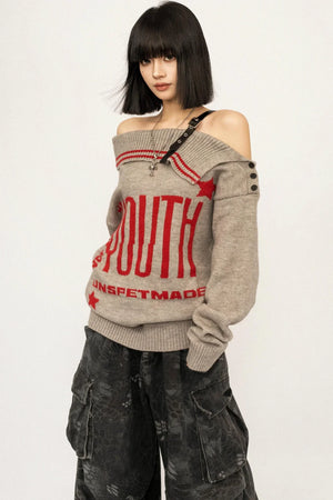 Retro Off-Shoulder Knit Cardigan