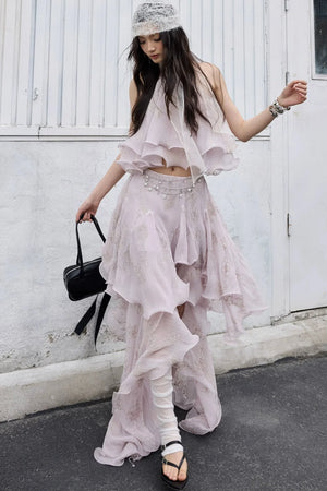 Retro Peach Pink Ruffle Halter Top Set-Up