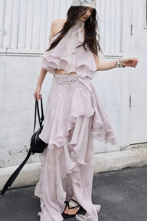 Retro Peach Pink Ruffle Halter Top Set-Up