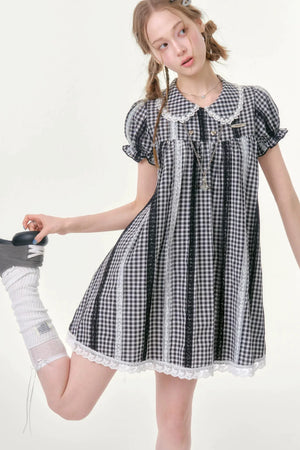 Retro Plaid Doll Collar Lace Dress