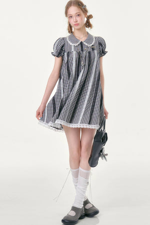 Retro Plaid Doll Collar Lace Dress