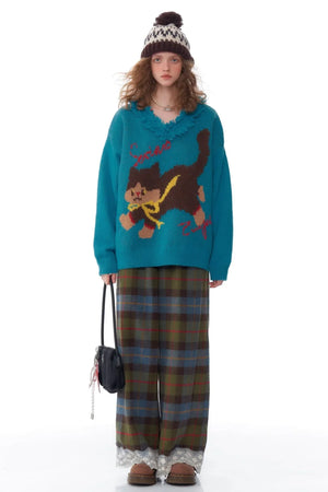Retro Plaid Lace Stitched Pants
