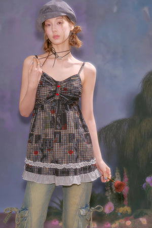 Retro Plaid Lace Strap Top