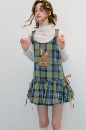 Retro Plaid Rabbit Patch Layered Dress