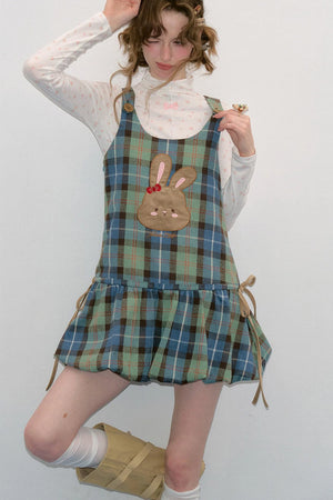 Retro Plaid Rabbit Patch Layered Dress