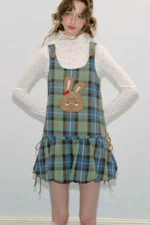Retro Plaid Rabbit Patch Layered Dress
