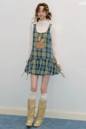 Retro Plaid Rabbit Patch Layered Dress